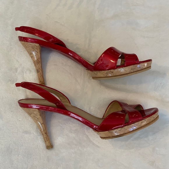 Stuart Weitzman Red Patent Slingback Platform Sandal Heel w/Cork Heels, Worn 1X! - Picture 3 of 11